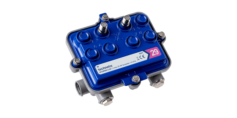 Product picture of the bright blue XFO faceplate-only cable broadband network upgrade multitap.